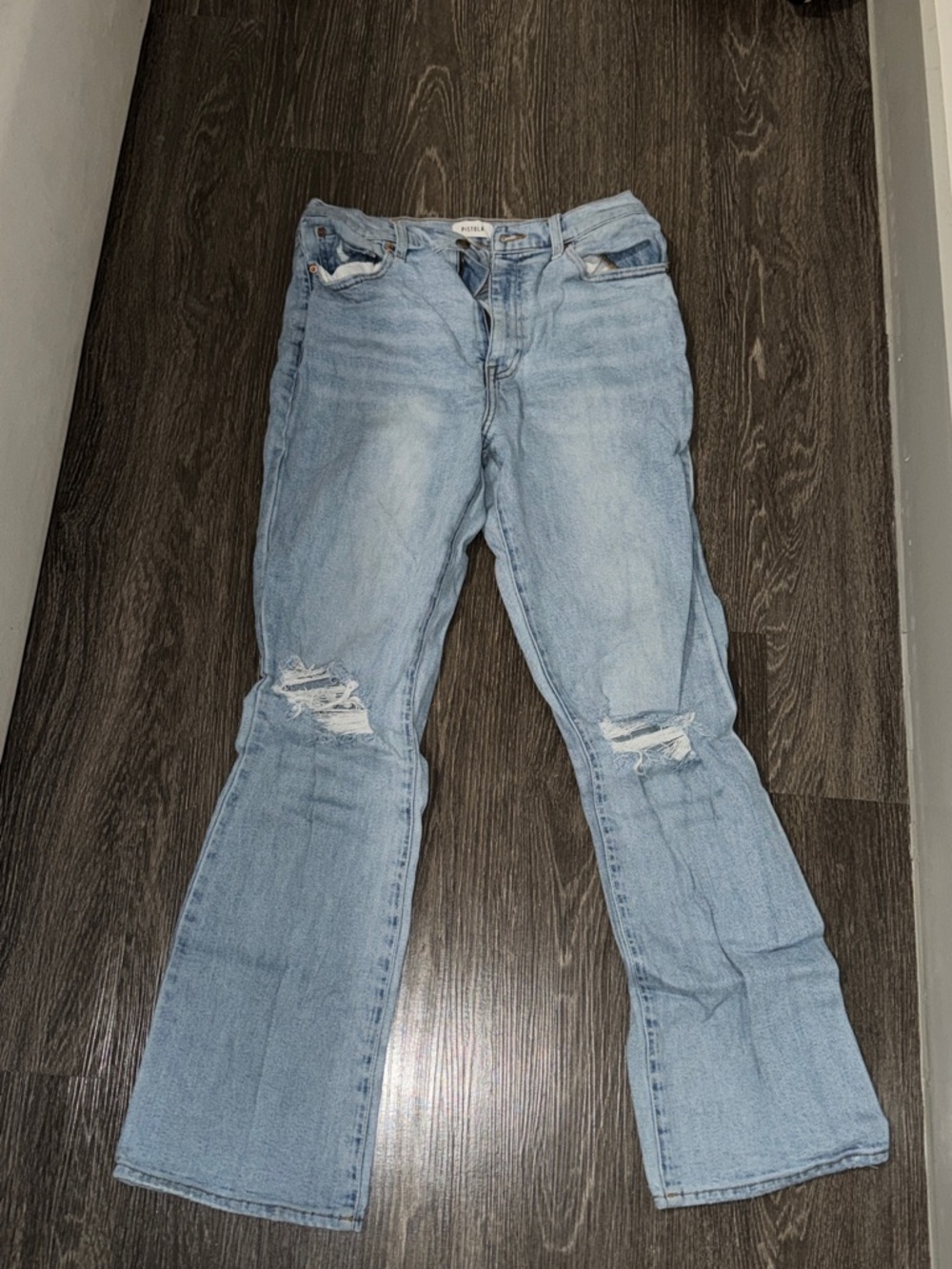 pistola Light Blue Flare Jeans with Knee Rips
